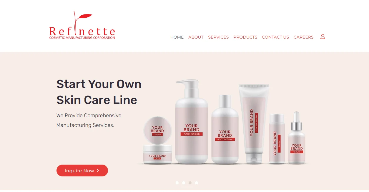 Ref Inette cosmetic manufacturing advertisement with various skincare product bottles and tubes labeled 'Your Brand'.